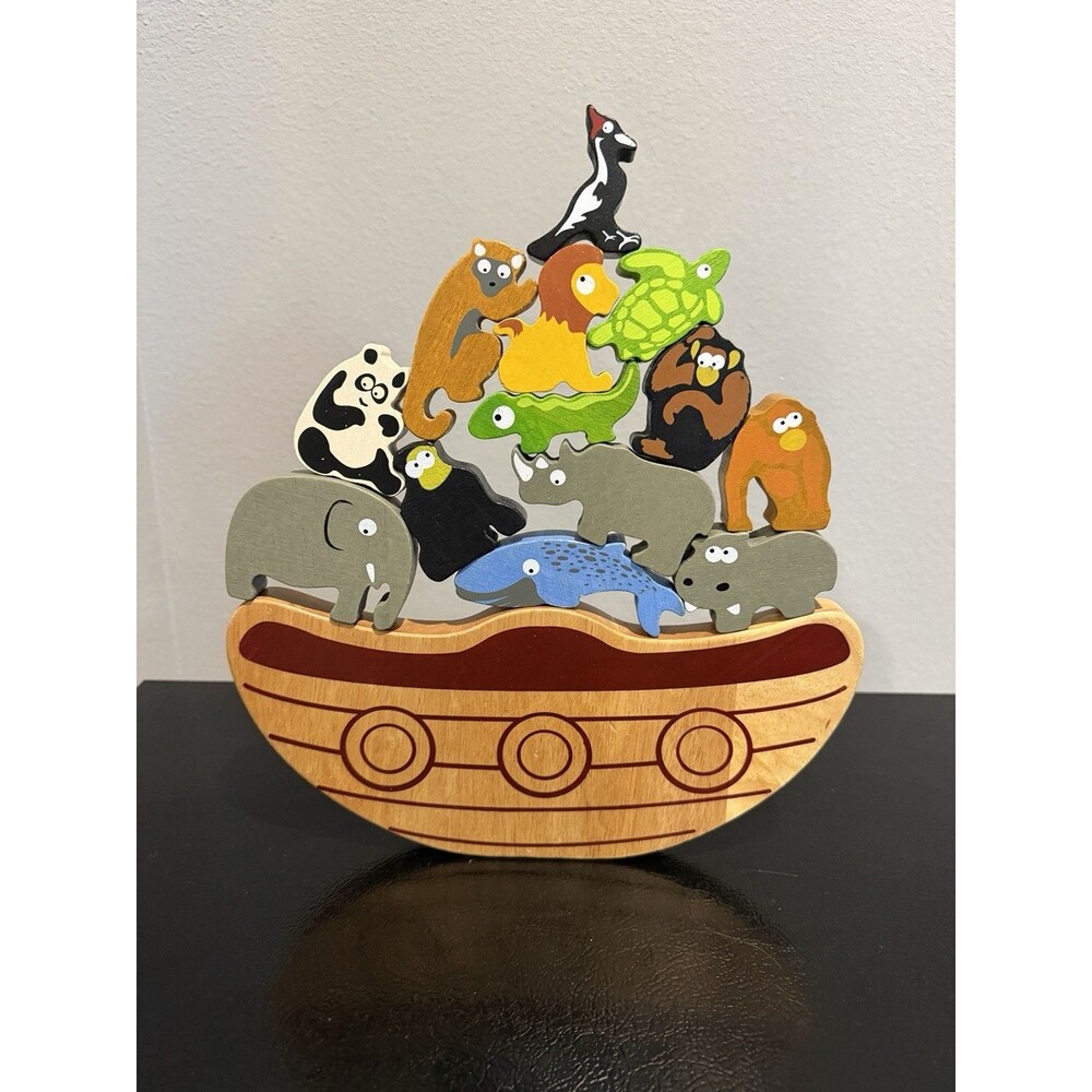 Wooden Noah’s Ark Balancing Animal Stacker Toy With 13 Animals.